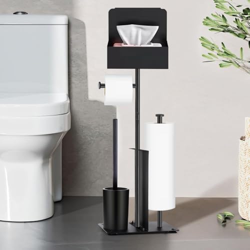 Portarrollos de Papel Higiénico de Pie, GUIGUZI Negro Acero Inoxidable Soporte para Papel Higiénico y Escobilla, sin Necesidad de Taladrar, Escobilla y Portarrollos de Papel Higiénico