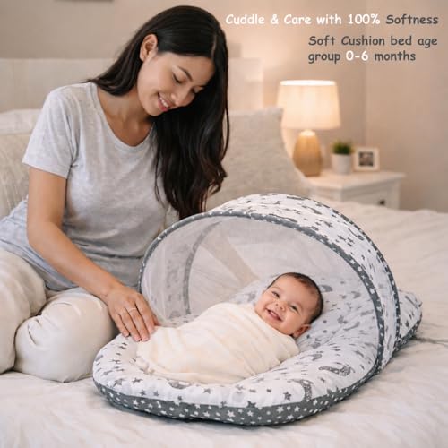 Image of Infantbond Designer Mattress with Net | Baby Sleeping Bag | Carry Bed (0-6 Months) (Moon Grey(N,S))