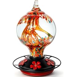 Novoto Hummingbird Feeder for Outdoors, 34 oz Hand-Blown Glass Bird Feeder | Leakproof design with Ant Moat Hook, Bee Guard Ports, Brush, Unique Garden Gift, Decorative Inner Glass