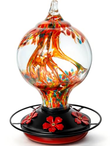 Novoto Hummingbird Feeder for Outdoors Hanging, 34 Oz, Hand Blown Gift Inner Glass Décor for Garden, Ant Moat & Bee-Resistant Ports, Decoration Stained Humming Bird Feeders, Sunset Red