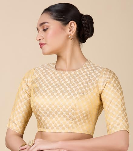 Image of Studio Shringaar Women Brocade Silky Jewel Neck Readymade Elbow Length Sleeve Saree Blouse