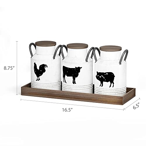 Barnyard Designs Decorative Galvanized Metal Jars With Rustic Handles, Wood Lids And Tray, Vintage Farmhouse Primitive Country Home Decor Jugs With Farm Animal Designs, White, Set Of 3 #TOP2
