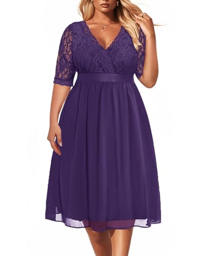 Image of Pinup Fashion Plus Size Lace Chiffon Wrap V Neck Dresses Women Cocktail Wedding Guest Midi Dress
