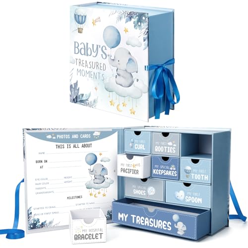 Image of Beeveer Baby Keepsake Box Newborn Memory Organizer with 9 Labeled Compartments First Keepsake Book Gift Box for Pregnancy Mother"s Day Baby Shower New Maternity(Blue,Blue Elephant)