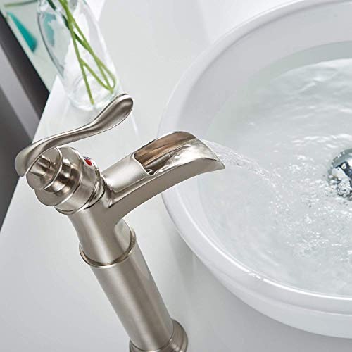 Bathroom Faucet Brushed Nickel Vessel Sink Faucet Bath Waterfall Spout Single Handle Single Hole Commercial With Pop Up Drain None Overflow Tall Basin Mixer Tap Deck Mount Supply Hose Lines Lead-Free #TOP5