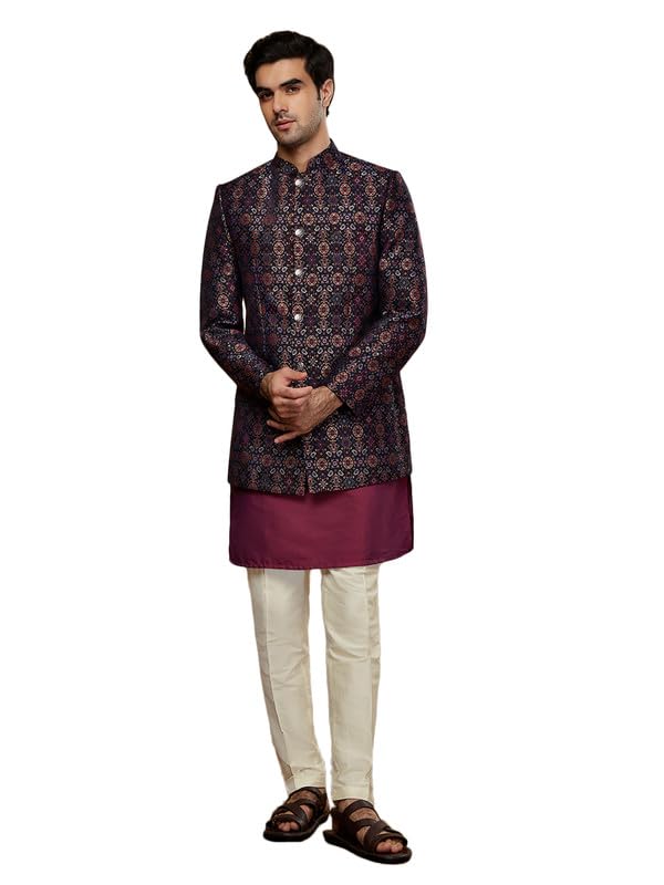 Sherwani Kurta homme soie rose costume traditionnel jacquard droit