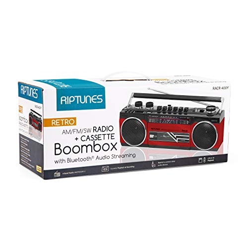 Riptunes Cassette Boombox, Retro Blueooth Boombox, Cassette Player and Recorder, AM/FM/SW-1-SW2 Radio-4-Band Radio, USB, and SD, RED - Thumbnail 6
