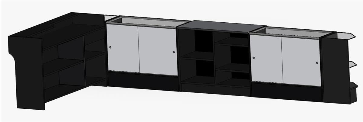 Displays2go Retail Counter Configuration w/ 6 Components, Black Finish & Tempered Glass Shelves