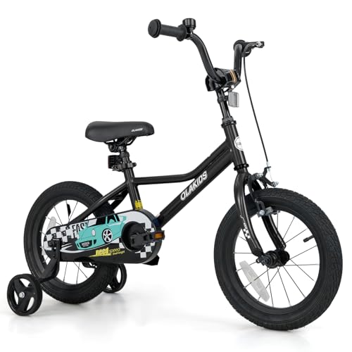 Image of Olakids Kids Bike, 12 14 16 18 Inch Racing Car Themed Toddlers Bike with Training Wheels Adjustable Seat and Handlebar Coaster Brake and Handbrake, Children's Bicycle for Boys Girls