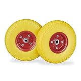 Funcionamiento manual Relaxdays 2 ruedas para carretilla, neumáticos de goma maciza, 4.1/3.5-4\", eje de 16 mm, hasta 150 kg, 260 x 85 mm, color amarillo y rojo