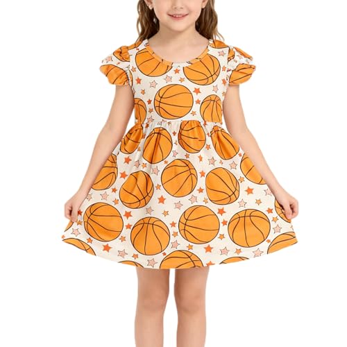 DACSOIT Toddler Girl Dress Basketball Sports Print Ruffle Bottom Casual Dress Summer Clothes 6-7Y