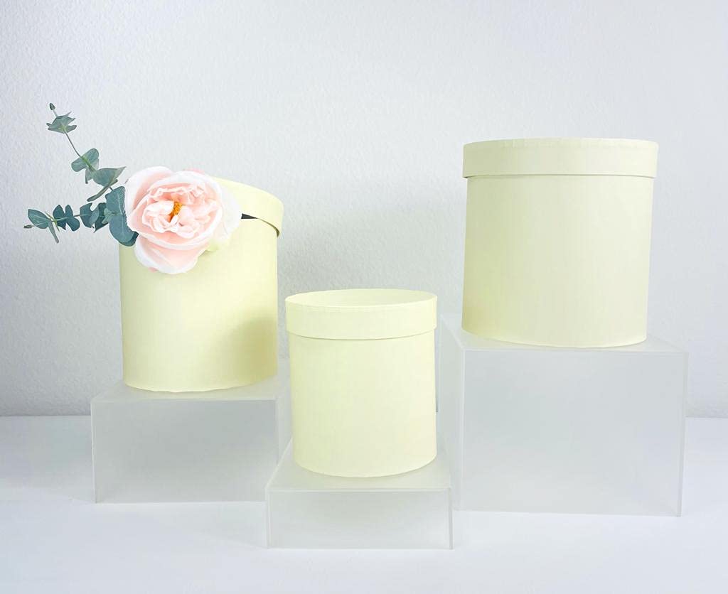 UNIKPACKAGING Set of 3 Round Flower/Gift Boxes, Plastic Liner Included (Pastel Yellow)