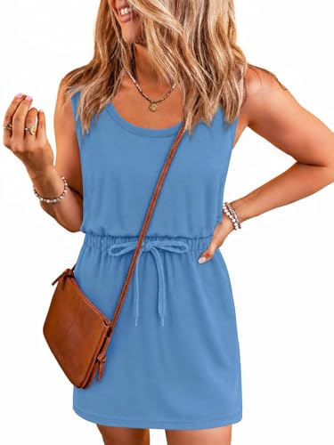 Image of Yousify Womens Summer Sleeveless Striped Dress Drawstring Waist Casual Tank Mini Dresses with Pockets