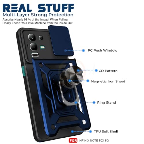 Image of Armor Bumper Back Cover Case for Infinix Note 50X 5G | Rotating Camera Cover, Ring Holder & Kickstand | Heavy Duty & 360 Degree Protection Infinix Note 50X 5G Back Cover (Blue)