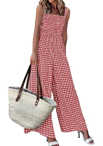 PRETTYGARDEN One Piece Jumpsuits for Women Casual Summer Cruise Outfits 2026 Spring Fashion Smocked Wide Leg Gingham Rompers (Burgundy Small)
