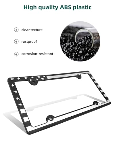 Image of License Plate Frames American Flag, 2 Pack Black Patriotic Plate Frames | Plastic Patriotic USA Flag Car Tag Cover, 4 Holes, Rust Resistant Screws Bolts, Black Caps Included