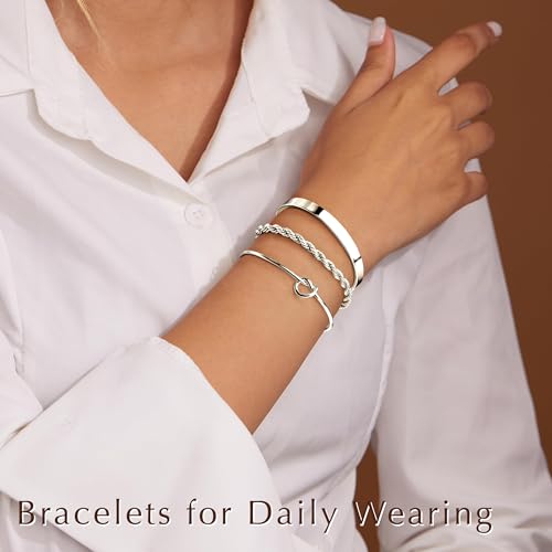 Silver Bracelets for Women Stack, Silver Cuff Bangle Set, Trendy Jewelry for Women Fashion4