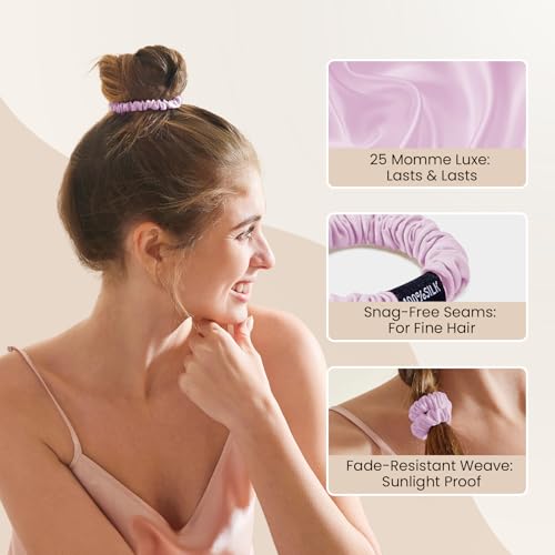 Image of THXSILK 100% Mulberry Silk Scrunchies 3-Pack, 25 Momme Mulberry Silk Hair Ties for Women, Sleek Low Profile No Damage Ponytail Holders, for Fine Hair & Everyday Use, Light Purple