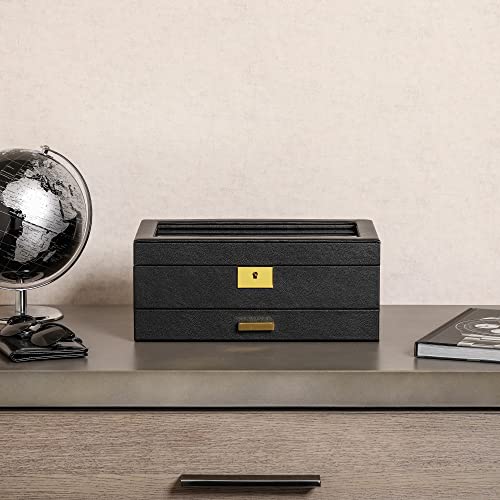 ROTHWELL 10 Slot Watch Box with Valet Drawer - Luxury Watch Case Display Organizer, Ultra Soft Microsuede Liner, Locking Jewelry Watches Holder With Large Glass Top (Black/Black)