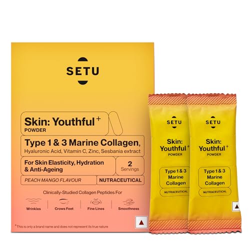 Image of SETU Skin: Youthful Marine Collagen Powder (Sample Pack)|Collagen Supplements Hydrolyzed Type 1 & 3 Collagen for Healthy Skin, Hair & Nails|Peach Mango Flavor (2 Sachets), 1 count, 2 servings