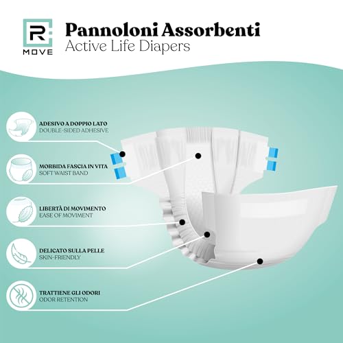R Move 100 Pannoloni Per Anziani Taglia L Super Assorbenti Per Notte E Incontinenza Adulti, Segnale Pipì, Pannolini Traspiranti Unisex Ipoallergenici Con Adesivo Fissaggio Sicuro, Fasce Elastiche - 5