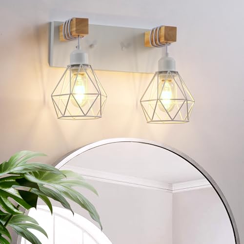 Farmhouse Vanity Light for Bathroom, 2-Light White Wood Bathroom Vanity