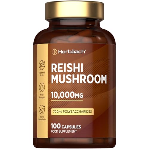 Reishi Mushroom Capsules 10,000mg | Red Reishi Extract (5:1) | High Strength Supplement | 100 Powder Capsules | by Horbaach
