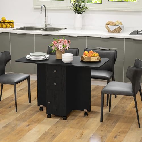 HOMCOM 60-120 cm Folding Dining Table for 4-6, Rolling Drop Leaf Table on Wheels with Storage Drawers, Cabinet and Open Shelf for Small Spaces, Kitchen, Dining Room, Flat, Distressed Black - Image 8