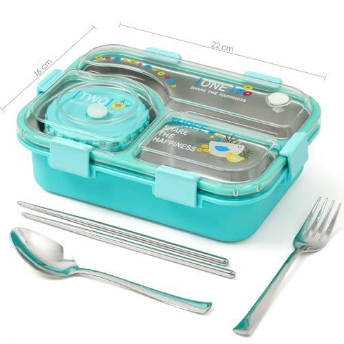 Image of Brand Conquer Lunch Box 3 Compartment Leak-Proof BPA Free Stainless Steel for School, Lunch Box for School & Office with a Fork, a Spoon and a Pair of Chopsticks (Classic Blue, Happiness Kawaii)