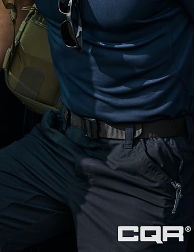 CQR Tactical Belt, Military Style Heavy Duty Belt, Webbing EDC Quick-Release Buckle, 2pack Plastic Flip Tab Black/Grey, Large