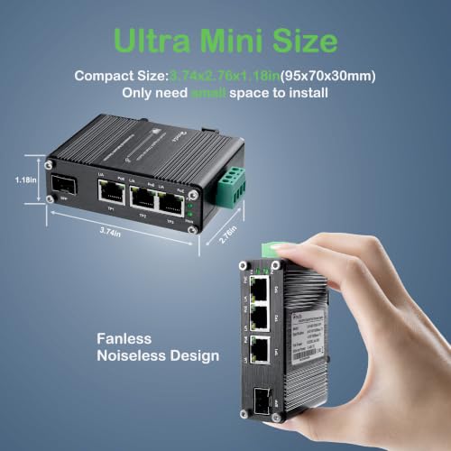 Image of Hardened Industrial 3-Port Gigabit PoE Ethernet Switch,Mini Unmanaged Fiber Network Switch, 3 Port 802.3af /at PoE+ +1 Port 100 /1000X SFP, 90W PoE Budget,12~48VDC Input, IP40 Aluminum Case, Din-Rail
