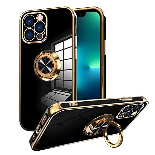 Ook Compatible With Iphone 13 Pro Case With Ring Holder Full Camera Lens Protection Plating Rose Gold Edge 360°Kickstand Slim Soft Flexible Tpu Protective Case Cover For Iphone 13 Pro 6.1 Inch -Black #TOP16