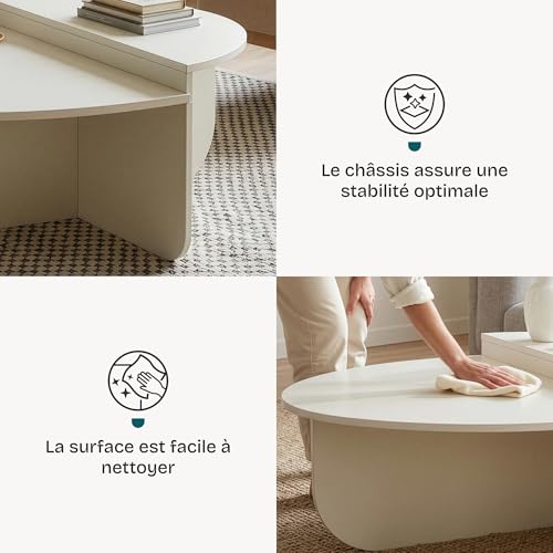 [en.casa] Table Basse de Salon avec 2 Surfaces de Rangement Semi-Circulaires Table d'Appoint Design Intemporel Panneau de Particules Mélaminé 90 x 90 x 35 cm Blanc – vue 4