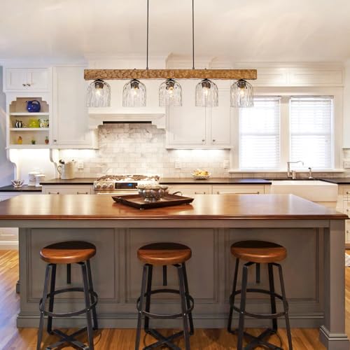 Image of 43.3 inch Farmhouse Linear Chandelier 5 Light Wood Linear Pendant Light with Hammered Glass Shades Rustic Dining Room Light Fixture Over Table Kitchen Island