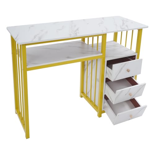 Escritorio con 3 cajones, mesa de uñas, mesa de manicura, textura de mármol, mesa de ordenador, sala de estar, 2 estantes abiertos, para oficinas, salones de uñas, salones de belleza, 100 x 40 x 76 cm