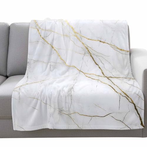 Fleece Throw Blanket, White Gray Marble Gold Foil Soft Cozy