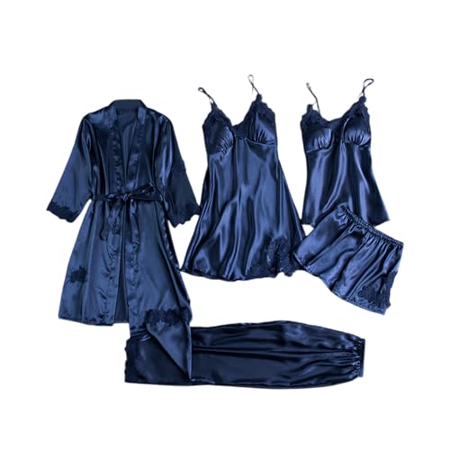 Pyjama Femme 5 Pièces Bleu XL en Satin et Coton avec Soutien-Gorge Intégré