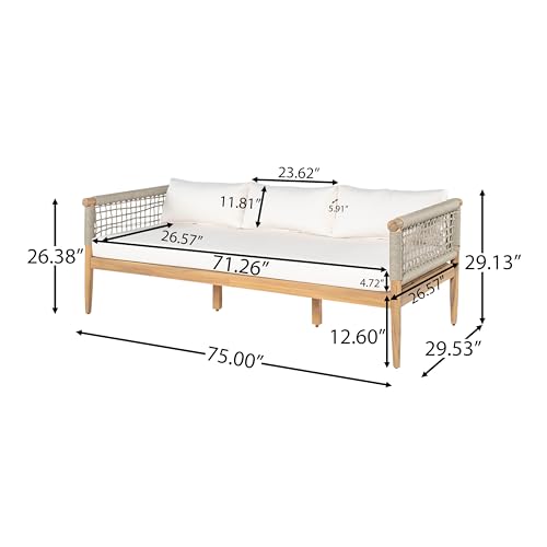 Christopher Knight Home Teres Acacia Wood Outdoor 3 Seater Sofa with Romovable Cushions, Wooden Patio Sofa Couch with Cushion, Comfy Garden Cloud Sofa Couch with Rope Woven Armrest, Beige+Light Teak by Christopher Knight Home - Used condition - Image 3