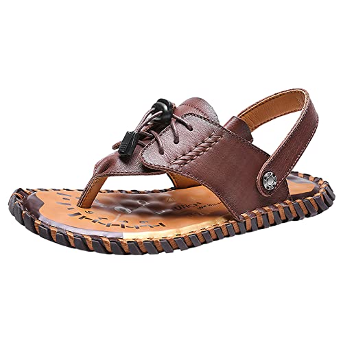 rismart Men Leather Sandals Clip Toe Adjustable Handmade Summer Beach Shoes for Walking Hiking