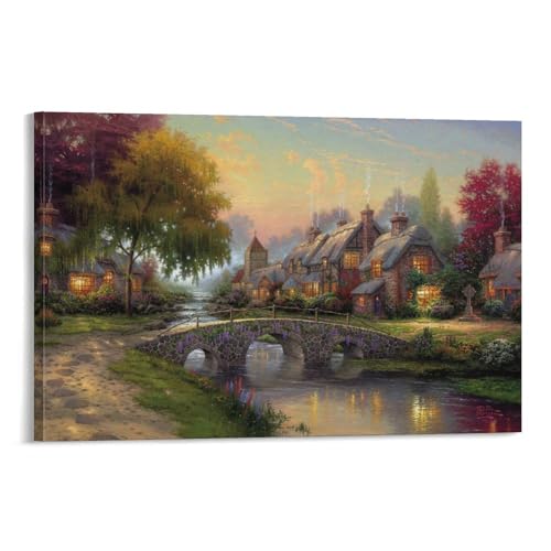 トーマスキンケード 現代 西洋絵画 石畳の橋 風景 ポスター ホーム装飾 パネル 壁アート 現代壁掛け 絵画 版画 芸術作品 インテリア08x12inch(20x30cm)