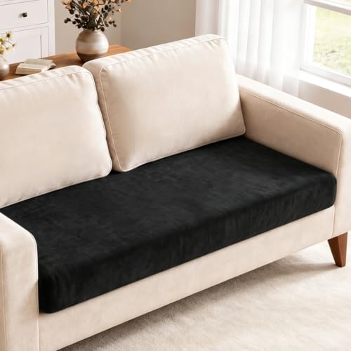 Image of Pxvelcn Velvet Stretch Sofa Seat Cushion Covers, Elastic Seat Cushion Covers Fitted Universal Sofa Cover, Sofa Seat Cover with Elastic Bottom (Black, 2 Seater)