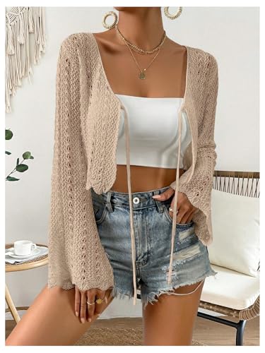 Image of Verdusa Women's Tie Front Crop Cardigan Bell Long Sleeve Scalloped Lightweight Knit Tops Summer Beach Cover Up