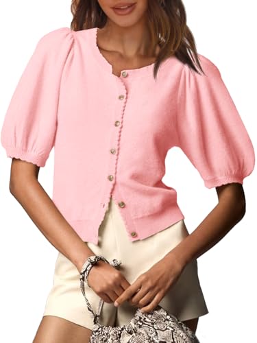 Image of Saodimallsu Womens Puff Short Sleeve Cardigan Lightweight Summer Button Down Shirts Knit Crew Neck Sweater Tops