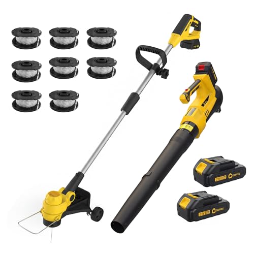 20V Cordless Leaf Blower and String Trimmer Combo 550CFM 130MPH 12 Weed Wacker 2 x 2.0Ah Battery & Charger Lightweight & Ergonomic for Weeds and Grass