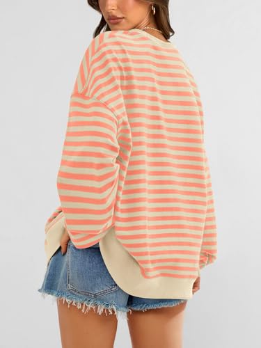Image of PRETTYGARDEN Womens Striped Oversized Sweatshirt Color Block Crew Neck Long Sleeve Casual Loose Pullover Top Y2K Clothes