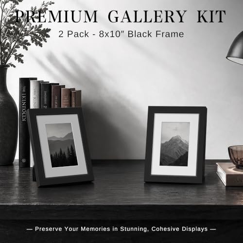 Image of VCK 8x10 Picture Frame with Real Glass, Black Wood Frame, 5x7 Mat, 2 Pack