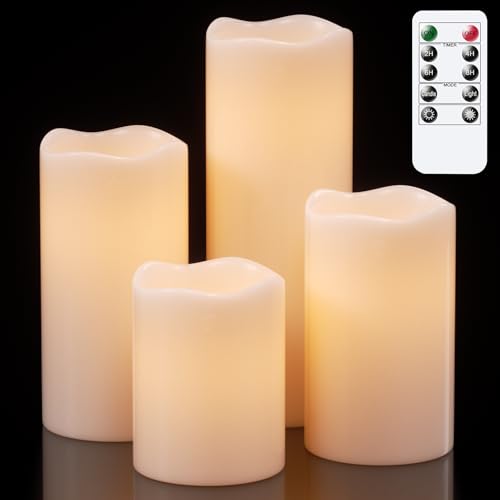 Image of Eldnacele Waterproof Flameless Flickering Candles with Remote and Timer, Battery Operated LED Pillar Candles Indoor Outdoor White Plastic Candle Pack of 4 Wedding Dinner Home Decor, D3 x H4 5 inch 6 inch 8 inch