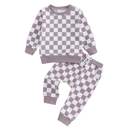 Image of FOCUSNORM Toddler Baby Girl Fall Outfits Long Sleeve Checkerboard Print Tops Drawstring Pants Cute Litter Girl Winter Clothes