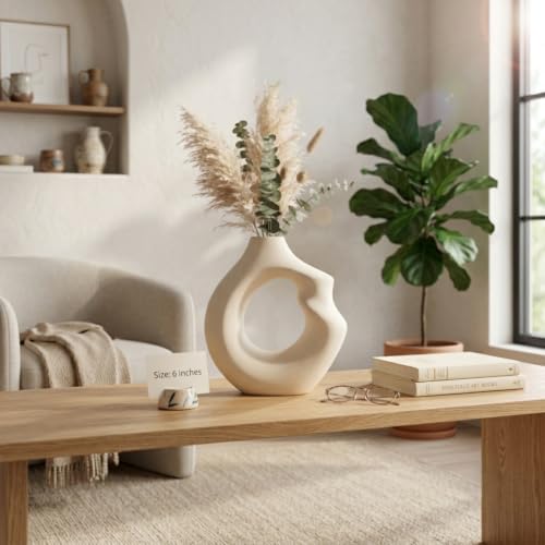 Image of Abstract Ceramic Donut Vase 6 Inch | Modern Nordic Pampas Grass Vase for Home Decor | Decorative Flower Vase for Living Room, Bedroom, Office, Center Table | Matte White