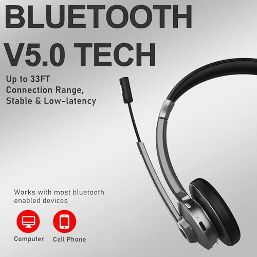 Bluetooth Headset with Microphone, Wireless Headset with AI Noise Canceling, V5.0 On Ear Headphone with USB Dongle & Mute Button Handsfree 26hrs for PC/Laptop/Smartphone/Tablet/Meeting/Class - Thumbnail 5